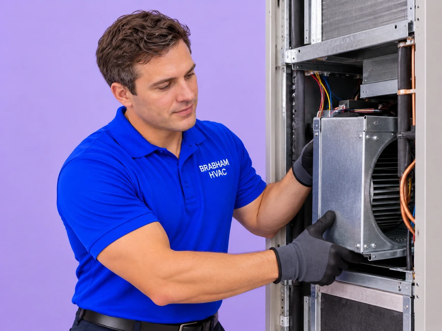 Technician checking an AC blower motor and fan housing for noise