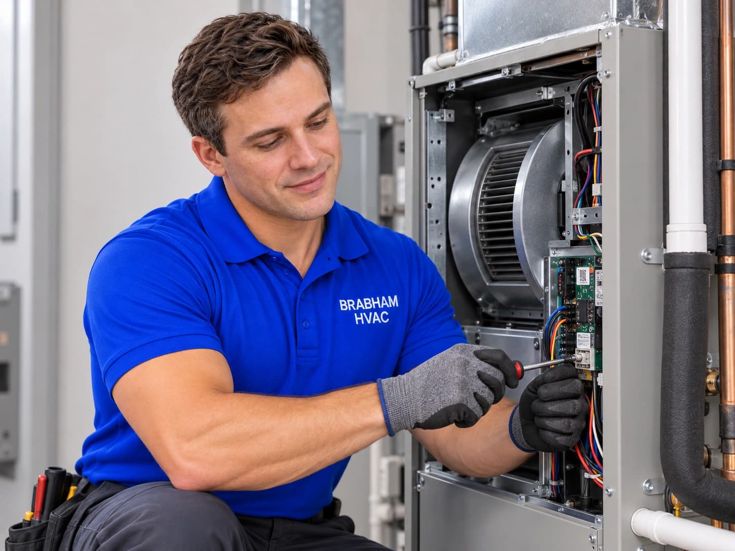 Technician testing AC blower motor wiring and control board