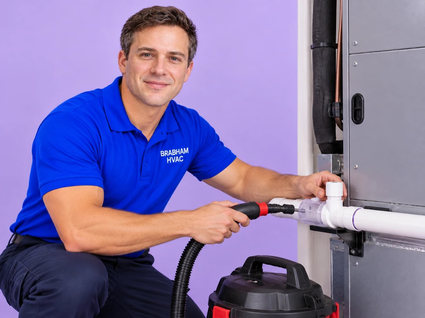 Brabham HVAC technician suctioning an AC condensate drain line clear