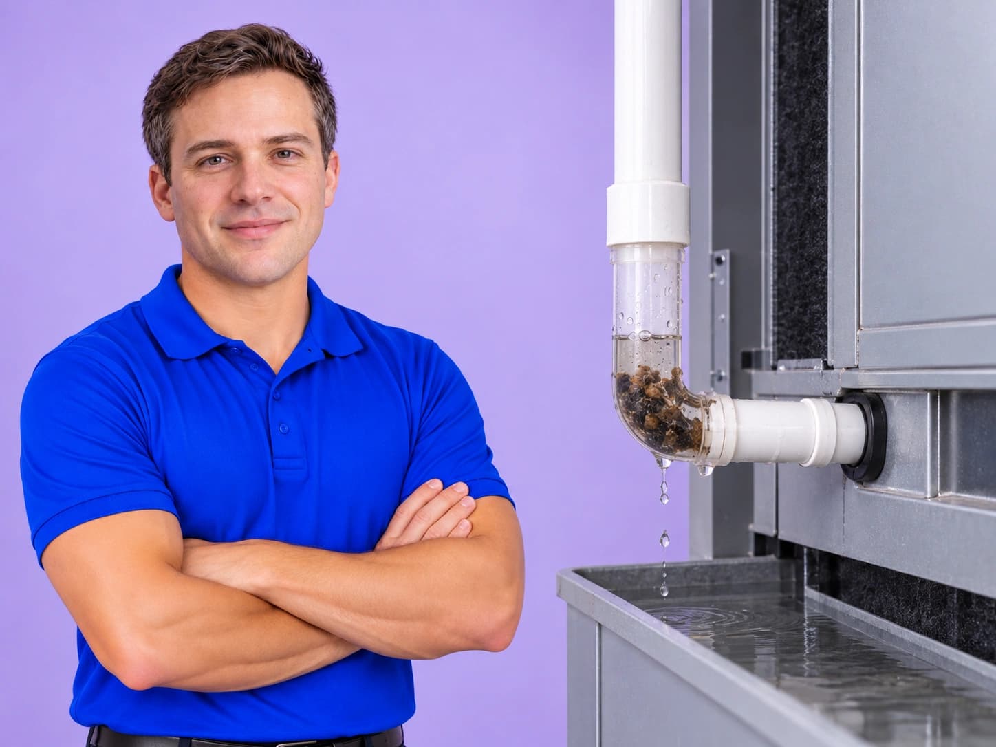 Clogged AC condensate drain line with debris and dripping water