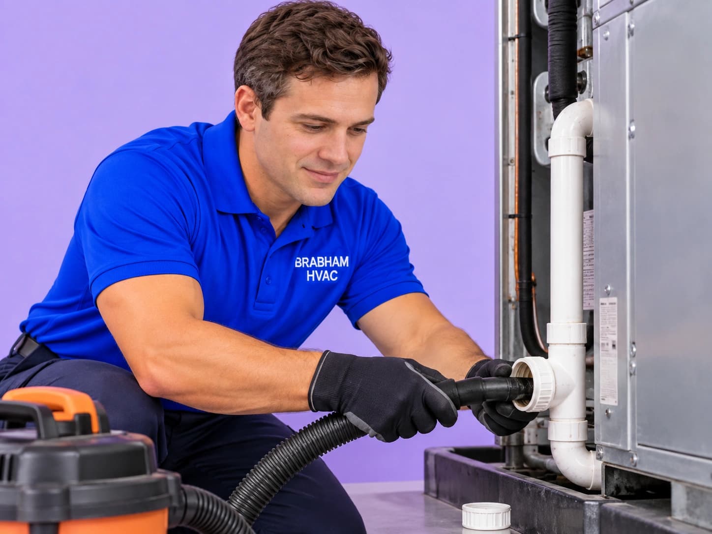 Technician clearing a clogged AC drain line with a wet vacuum