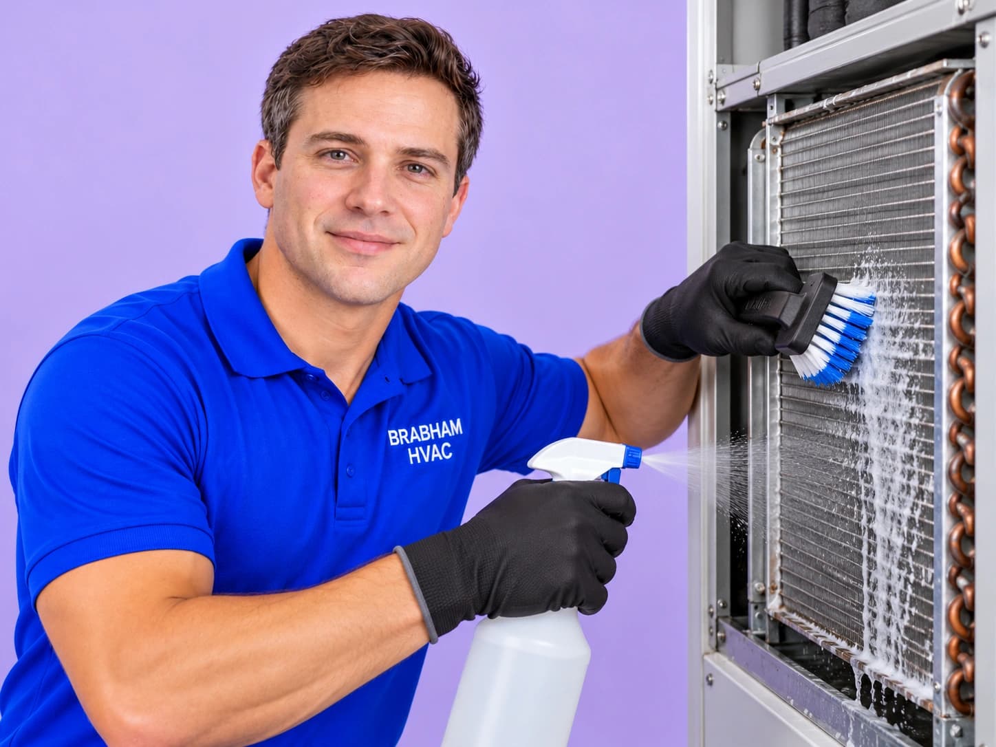 Technician cleaning a dirty AC condenser coil with a brush and cleaning spray