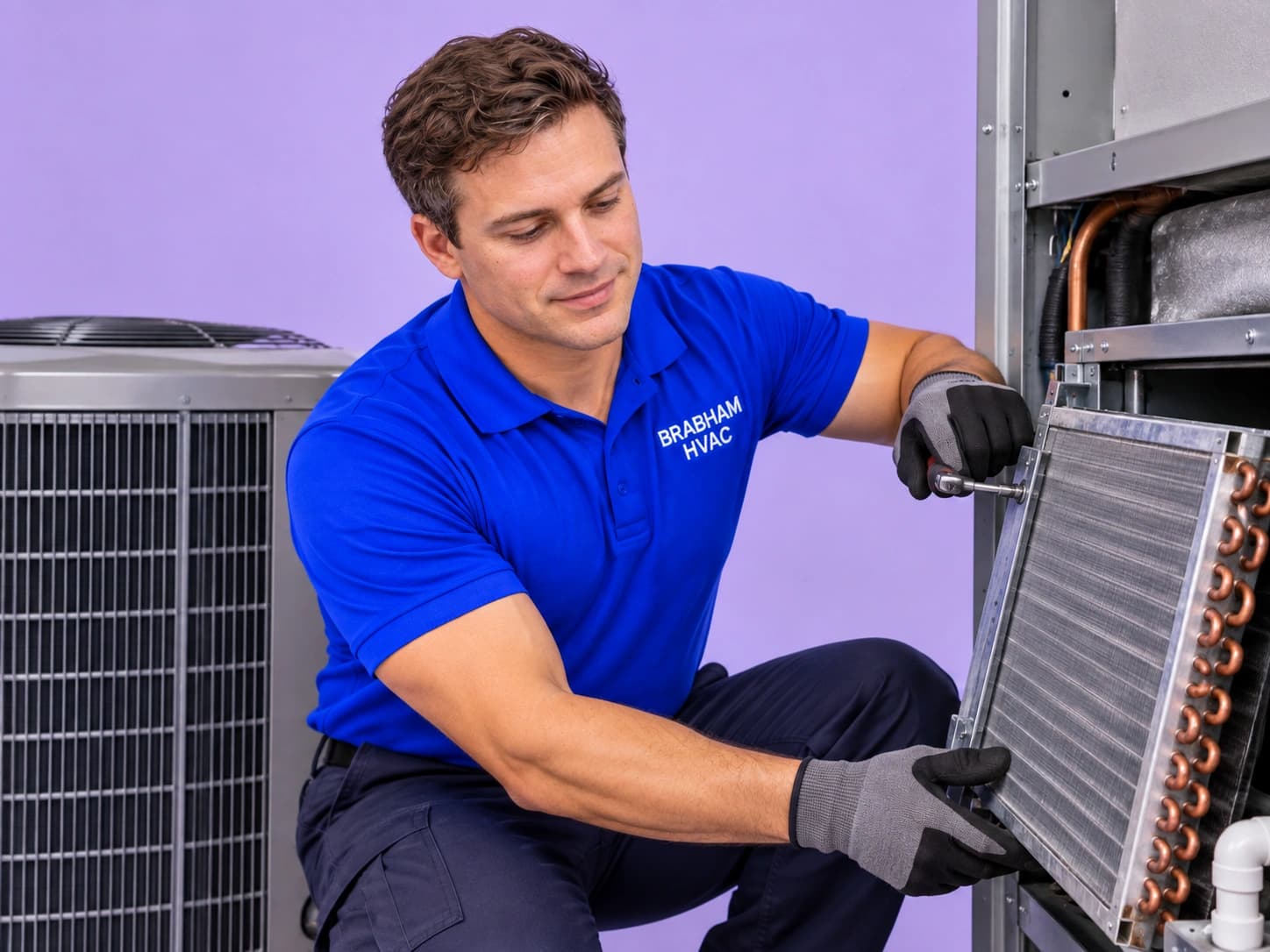 Technician inspecting an AC evaporator coil during a repair