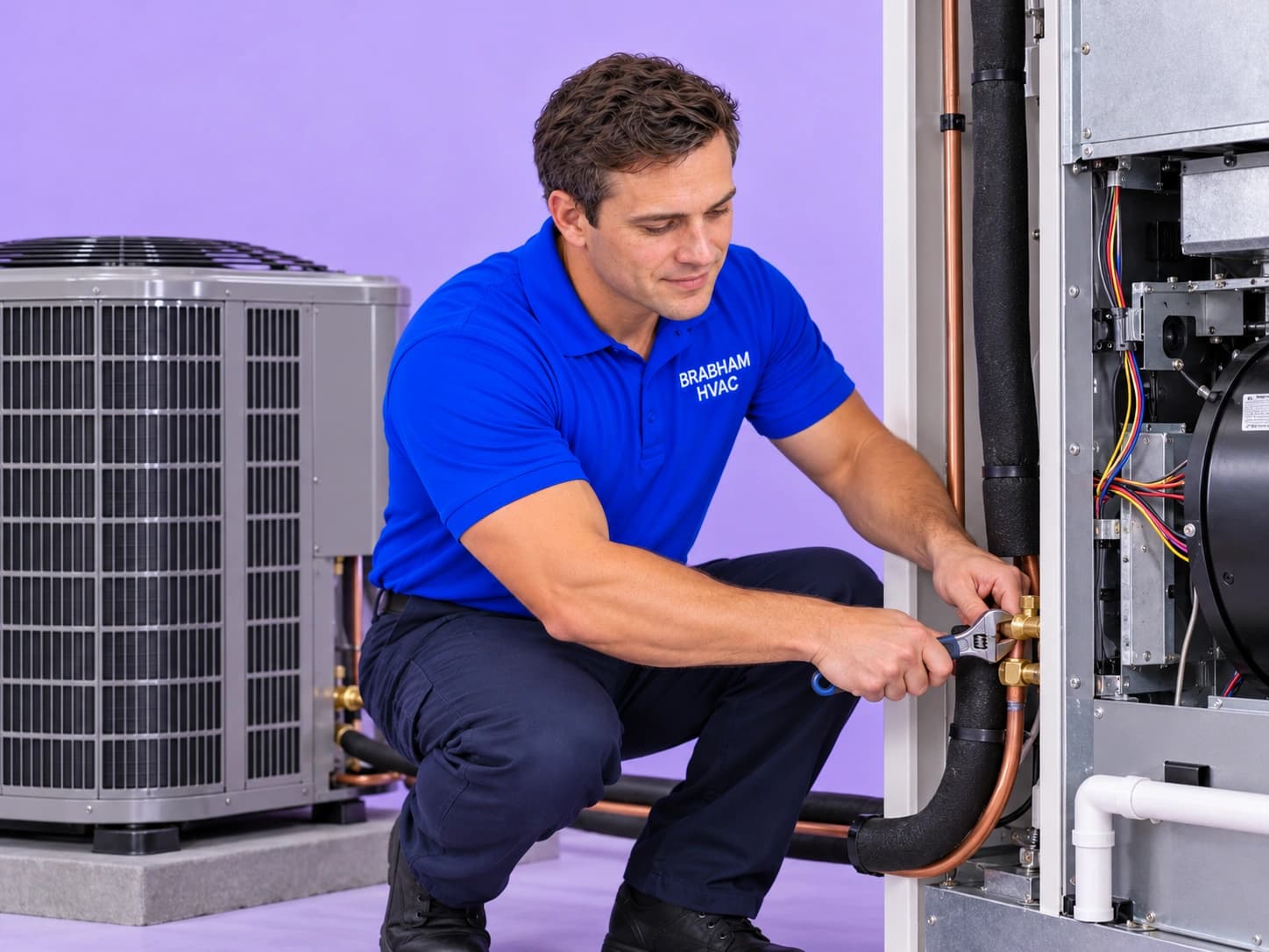 Technician working on the refrigerant lines of an outdoor AC unit
