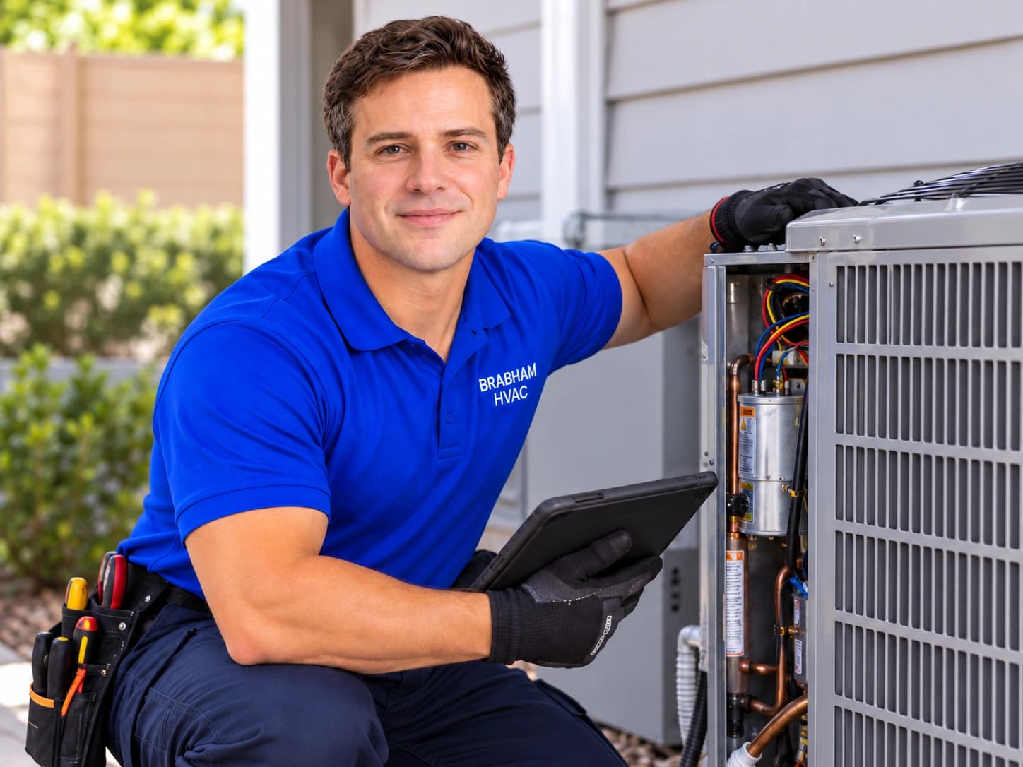 Brabham HVAC technician diagnosing an outdoor AC condenser with a tablet in Savannah, GA