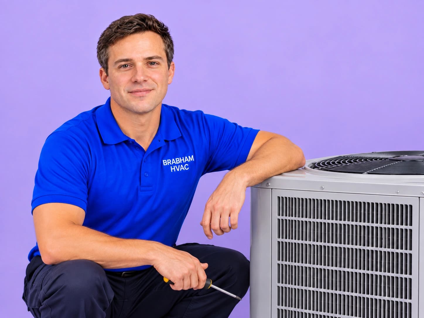 Brabham HVAC technician doing an AC tune-up on an outdoor condenser in Savannah, GA