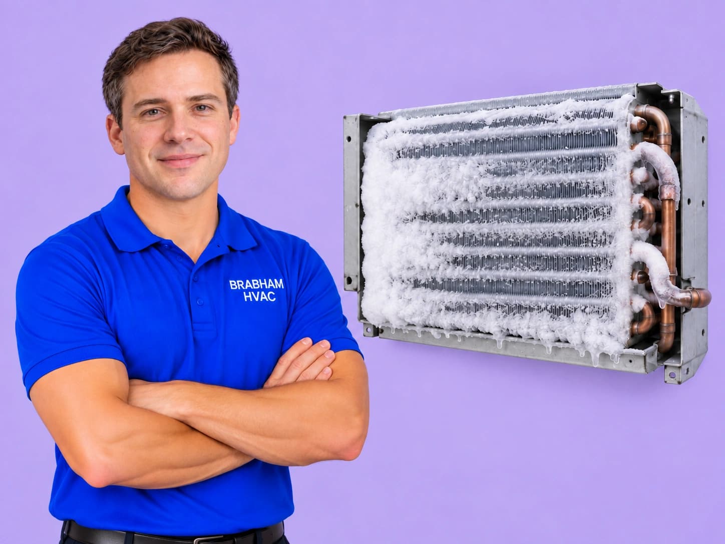 Frozen AC evaporator coil covered in ice, shown by a Brabham HVAC technician