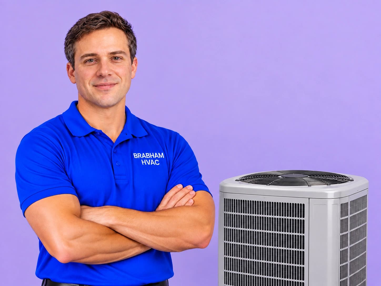 Outdoor AC condenser unit with a Brabham HVAC technician in Savannah, GA